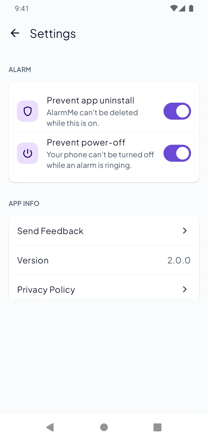 AlarmMe settings with Prevent app uninstall and Prevent power-off turned on