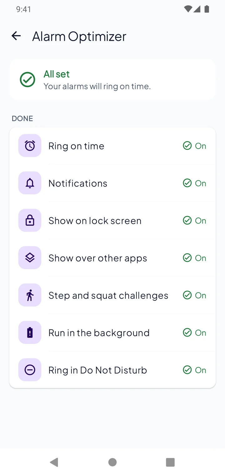 The Alarm Optimizer showing All set, with checks for Ring on time, Notifications, Show on lock screen, Show over other apps, Step and squat challenges, Run in the background and Ring in Do Not Disturb all on