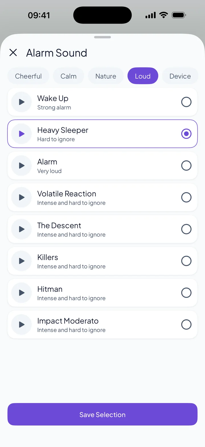 The Alarm Sound picker on iPhone with Cheerful, Calm, Nature, Loud and Device tabs and the Heavy Sleeper sound selected
